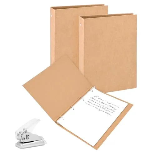Ringbuch A4 Nachfüllbar Kraftpapier, 2 Stück Set mit Punch, Ringbuch Ordner A4 mit 4 Ringe zum Hinzufügen Broschüren-Cover Papiere Lose Blätter für Schule & Büro