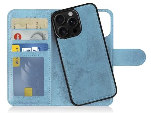 MyGadget Flip Case für iPhone 16 Pro - [ abnehmbare Magnet Hülle ] - Handyhülle aus Kunstleder - [ Klapphülle mit Kartenfach ] Schutzhülle in Hellblau
