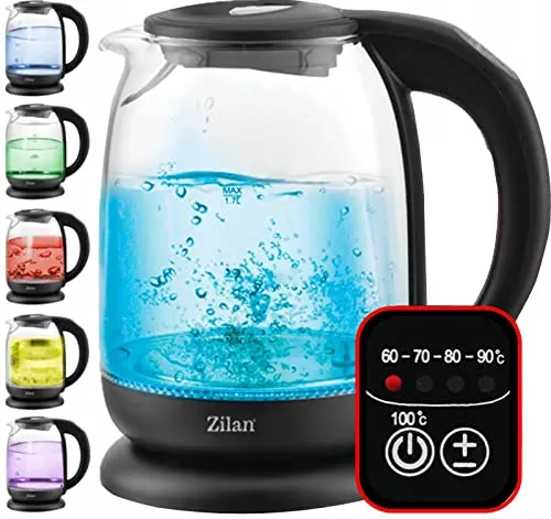 Zilan kabelloser Wasserkocher aus Borosilikatglas mit digitalen Display und LED, 1,7 l, 5 Temperatureinstellungen