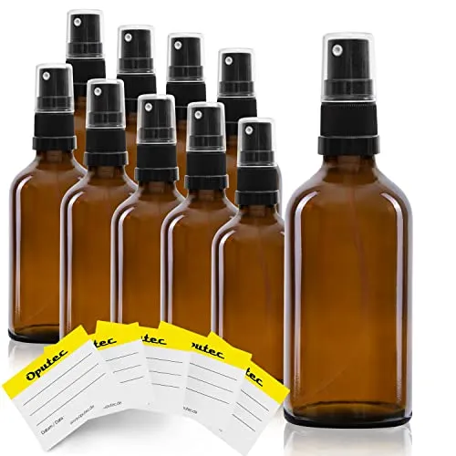 Oputec 10 x 50 ml Sprühflaschen aus Glas mit Zerstäuber + 10 Beschriftungs-Etiketten - Braunglasflaschen mit feinem Sprühkopf - Pumpspray-Flaschen