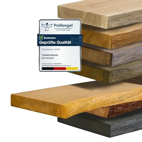 tømmermann Wandregal Schweberegal massiv Eiche - Bücherregal Holz Regal mit Baumkante Hängeregal Regalbrett aus massivholz Wandboard deko Regal Wand Shelf | 80 cm breit Farbe Bernstein