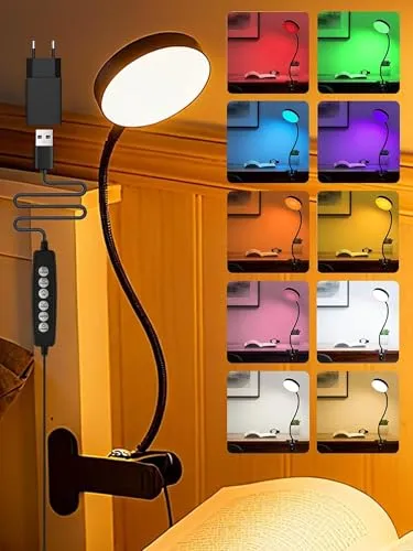 Leselampe Bett, 10 RGB Farben+10 Helligkeit Klemmlampe, 72 LED Klemmleuchte | 500 Lumen Leselampe Buch Klemme mit USB Adapter, Schreibtischlampe Kinder für Nachttischlampe/Leselicht/Nachtlampe/Stilllicht
