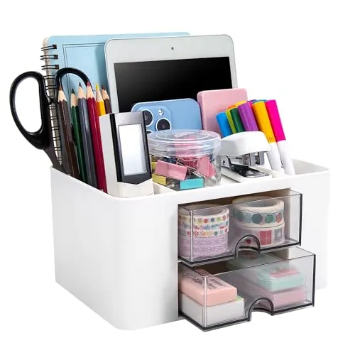 Jesustree Schreibtisch Organizer mit Schubladen und Fächer, Plastik Bürobedarf Organizer Stifthalter Desktop Organizer Make-Up Aufbewahrungsbox für Büro Schule Zuhause (Weiß)