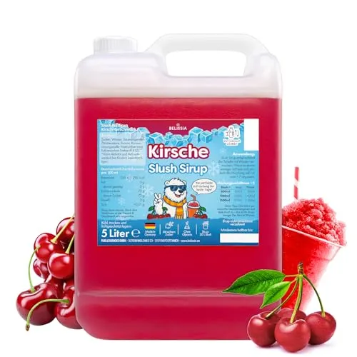 Belissia Slush Eis Sirup 5L Konzentrat | Kirsch Geschmack | sehr ergiebig in knalligen Farben (1:5) für bis zu 30 Liter | Glycerin frei – für Slush-Eis