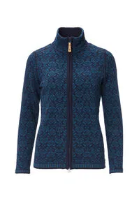 Fjällräven Snow Cardigan W dark navy (555) XS - Outdoor Hoodie für Damen, aus warmer Lammwolle mit elegantem Jacquardmuster und praktischem Zwei-Wege-Reißverschluss für optimalen Komfort bei kühlen Temperaturen.