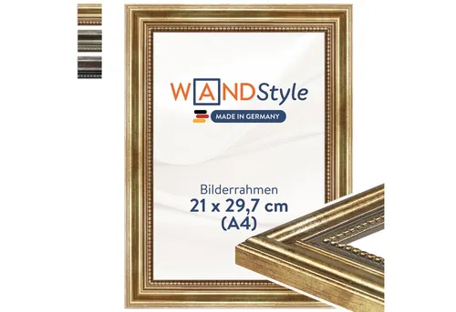 WANDStyle Bilderrahmen H450 Gold - Antik Stil aus Massivholz - Bilderrahmen für DIN A4, hochwertig aus nachhaltig angebautem Linde-Holz, handgefertigt in Brandenburg - ideal für stilvolle Wandgestaltungen.