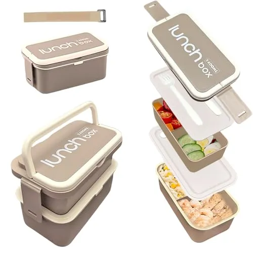 Echehi 1400ml Brotdose mit Fächern, 2-Lagige Integrierte Brotdosen, Brotdose Auslaufsicher mit Besteck für Arbeit, Schule, Picknick. Grau