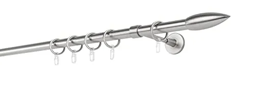 ondeco Gardinenstange auf Maß 20mm Patrone 1-lauf Vorhangstange Wandträger Deckenträger 14cm Stilgarnitur mit Ringen für Vorhänge Edelstahl-Optik 140cm