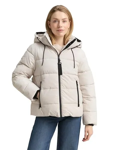 Tom Tailor Damen Funktions-Puffer-Jacke - Wasserabweisende Winterjacke aus atmungsaktivem Material, ideal für kalte Tage. Mit praktischen Taschen und Kapuze für Komfort und Stil. Passform: Regular Fit, Rückenlänge ca. 65 cm.