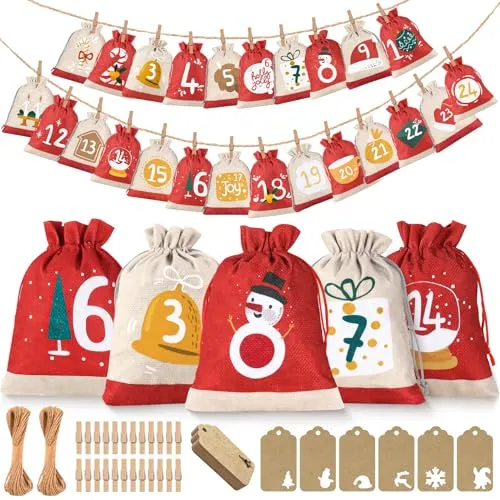 Adventskalender zum Befüllen 2025 Kinder, 18 x 13 cm Adventskalender Säckchen Groß Selber Befüllen Beutel Stoff 24 Stoffbeutel Jutesäckchen, Weihnachtskalender Tüten Selber Machen DIY Weihnachtsdeko