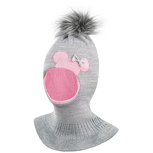 Smarilla Wintermütze Schalmütze Strickmütze Schlupfmütze warme Mädchenmütze Bommelmütze, Farbe: Hellgrau-Rosa, Größe: 50-52