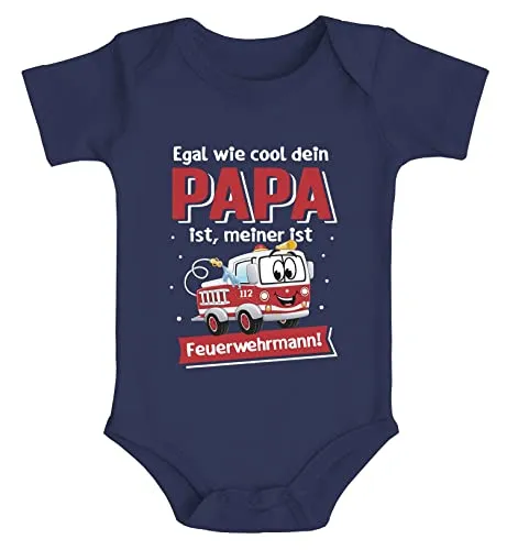 MoonWorks® Baby Body Spruch lustig Egal wie cool dein Papa ist, meiner ist Feuerwehrmann Feuerwehrauto Babyshirt Jungen navy 0-3 Monate