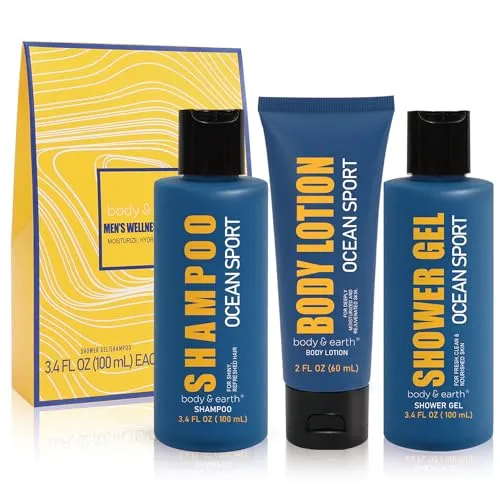 BODY & EARTH Pflegeset für Herren, Meeres Duft Geschenk für Männer | 3Tlg Geburtstagsgeschenken mit Duschgel, Shampoo&Körperlotion, Geschenkset für ihn,Weihnachtsgeschenke für Männer