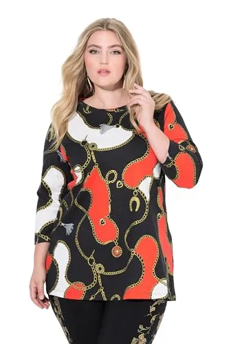 MIAMODA Damen große Größen Übergrößen Plus Size T-Shirt, A-Linie, Kettenmuster, 3/4-Ärmel schwarz 46 843226100-46