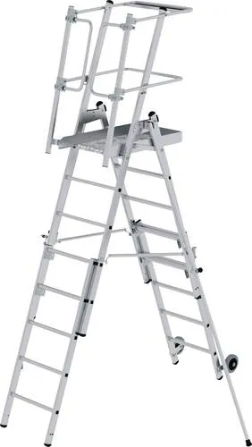 MUNK Plattformleiter FlexxStep 5 Sprossen mit Teleskopaufsatz - Leiter für sicheres Arbeiten, stabile Aluminiumkonstruktion, höhenverstellbar und mit selbstschließender Sicherheitstüre für optimalen Schutz.