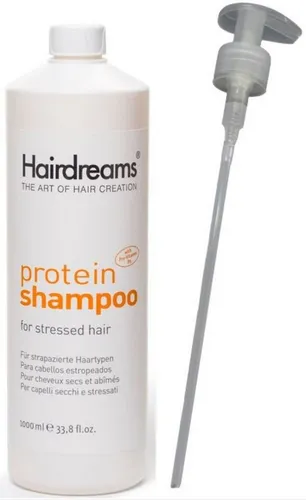 Hairdreams Protein Shampoo für strapaziertes Haar - Haarshampoo für chemisch behandeltes und strapaziertes Haar, ideal auch für Echthaarverlängerungen. Es spendet Feuchtigkeit, verbessert die Haarstruktur und verleiht Glanz. Die 1000 ml Variante kommt mit praktischer Pumpe.