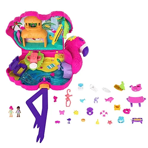 Polly Pocket HJN76 - Flamingo-Party, großes Spielset mit 26 Überraschungen, Pop + Swap-Funktion, Tropische Party-Spielbereiche: Palmenrutsche, Schaukel, Wasserbereich UVM, für Kinder ab 4 Jahren