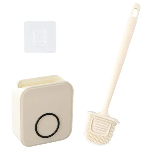 Klobürste Silikon, Tiefenreiniger Toilettenbürste, WC Bürste & Klobürstenhalter, Wand-WC Bürste mit Lüftungsschlitzen, Toilettenbürstenhalter Ohne Bohren, Antibakteriell Bürstengarnitur Beige