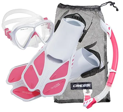 Cressi Tauchset BONETE Deluxe (Tauchmaske, Schnorchel, Flossen & Netzbeutel) - WhitePink - Gr. S/M - 36/42