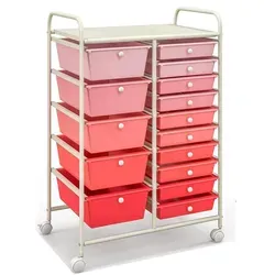 COSTWAY Rollwagen mit 15 stapelbaren Schubladen, Schubladen-Rollwagen, Rollcontainer mit Metallrahmen und Regal