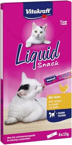 Vitakraft Liquid Snack, Katzen Leckerli, Katzensnack cremig, mit Huhn und Taurin, in einzelnen Sachets, unterstützt die Augen und das Herz (1 Paket mit 6x 15g)