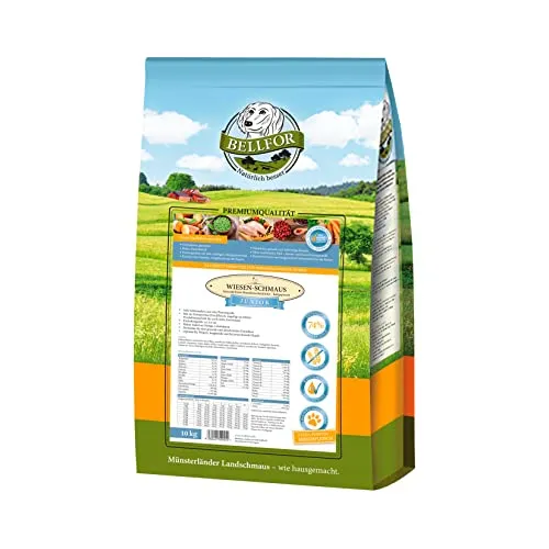 Bellfor Wiesen-Schmaus Junior - Kaltgepresstes Trockenfutter für Welpen - Hundefutter, getreidefrei und mit 74% frischem Hühnerfleisch. Ideal für ernährungssensible Hunde, sehr bekömmlich und reich an Omega-3-Fettsäuren.