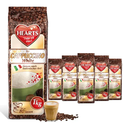 HEARTS Cappuccino White Line Vanille 5 x 1kg Großpackung - Kaffee mit intensivem Aroma und feiner Crema, ideal für Kaffeeliebhaber, die cremigen Genuss suchen.