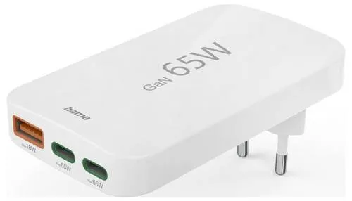 Hama Schnellladegerät 65W - 2x USB-C, 1x USB-A, ultraflach für unterwegs - Handy Ladegeräte – Kompaktes 65W Schnellladegerät mit GaN-Technologie für effizientes und schnelles Laden mehrerer Geräte gleichzeitig, ideal für Reisen.