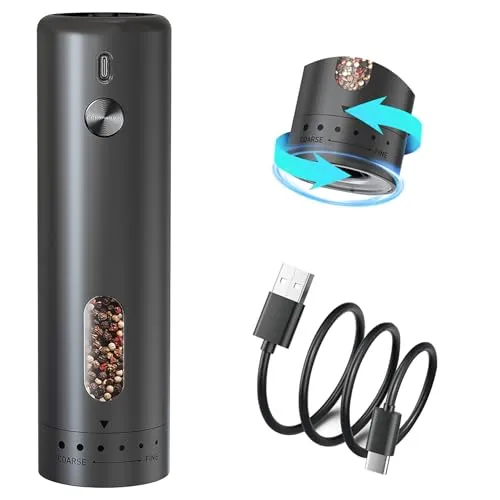 BillyBath Salz und Pfeffermühlen Elektrisch,Pfeffermühle Elektrische, 110 ml großes Fassungsvermögen, 5 Stufen externe Zahnradeinstellung mit Bürste und Sichtfenster