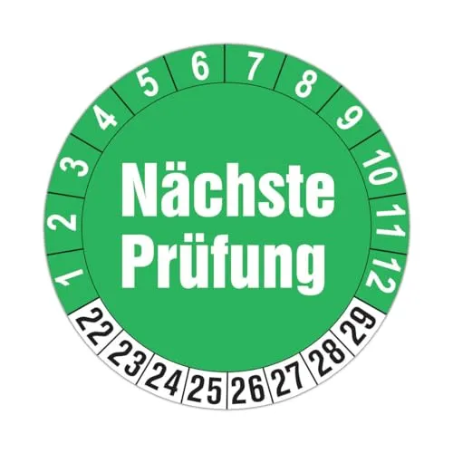 Stück Prüfplaketten für 8 Jahre und 12 Monate (Auf-P2) Ø 30mm | Farbe grün-weiss | Prüfaufkleber | Prüfetiketten | Folienaufkleber mit UV-Schutzlackierung 100