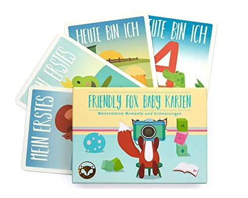 Friendly Fox Baby Meilensteine Karten, Meilensteinkarten Baby, Babys 1. Jahr in Bildern, Babytagebuch Geschenk zur Geburt, handgezeichnet