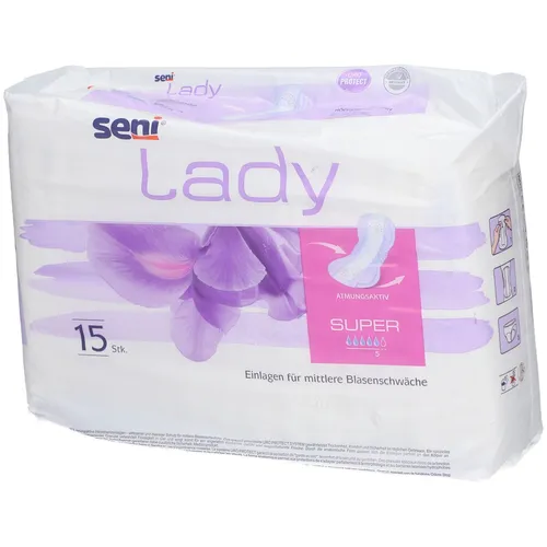 Seni Lady Super Inkontinenzeinlagen - 15 Stück - Die Seni Lady Super Einlagen bieten optimalen Tragekomfort und Sicherheit für aktive Frauen. Mit anatomischer Passform und atmungsaktivem Material sind sie diskret und einfach zu fixieren.