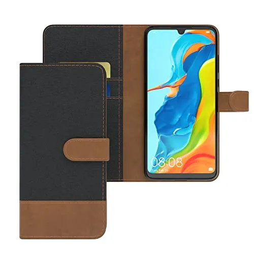 EAZY CASE Tasche kompatibel mit Huawei P30 Lite Stoff Schutzhülle mit Standfunktion Klapphülle im Bookstyle, Handytasche Handyhülle Flip Cover mit Magnetverschluss und Kartenfach, Kunstleder, Schwarz