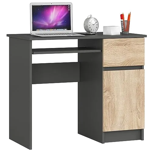 AKORD Piksel Schreibtisch Klein mit Schubladen | Office Desk | Computertisch | Bürotisch mit Tastaturablage | Schublade und Fach mit Tür | 90x77x50 cm 30 kg | Schrank Rechts | Graphitgrau|Sonoma-Eiche