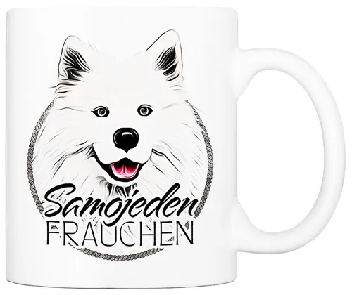 Cadouri Tasse SAMOJEDEN FRAUCHEN - Kaffeetasse für Hundefreunde, Keramik, mit Hunderasse, beidseitig bedruckt, handgefertigt, Geschenk, 330 ml