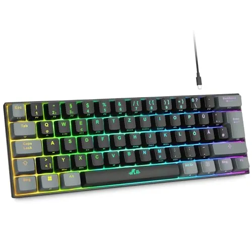 Rii Gaming Tastatur Mechanisch, 60% Tastatur Kabellos RGB Beleuchtet mit Rote Schalter und N-Key Rollover für PC/Laptop/PS4/PS5, QWERTZ, Schwarz Grau (Bluetooth/2.4G/Kabel)