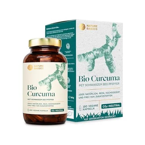 Nature Basics Bio Curcuma Kapseln - Pflanzenextrakte mit 4.575 mg Bio Curcuma pro Tagesdosis, optimierte Bioverfügbarkeit durch Bio schwarzen Pfeffer, vegan und nachhaltig.