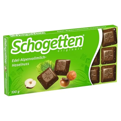 Schogetten Edel-Alpenvollmilch-Haselnuss 100g - Schokoladenriegel mit edelster Alpenvollmilch und knusprigen Haselnüssen, praktisch einzeln portioniert für Genuss unterwegs.