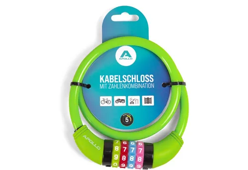 Apollo Zahlenkabelschloss Kinder Fahrradschloss – Zahlenschloss - auch für Scooter und Laufräder, 65 cm Länge, 300 g, 10.000 Kombinationen