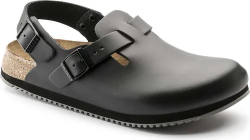 Birkenstock Tokio Black Naturleder - Rutschfeste Clogs für Herren & Damen - Halbschuhe mit normalem Fußbett und Superlaufsohle, ideal für Berufskleidung und den täglichen Gebrauch. Genießen Sie den Komfort von Echtleder und die Sicherheit dank der rutschfesten Sohle.
