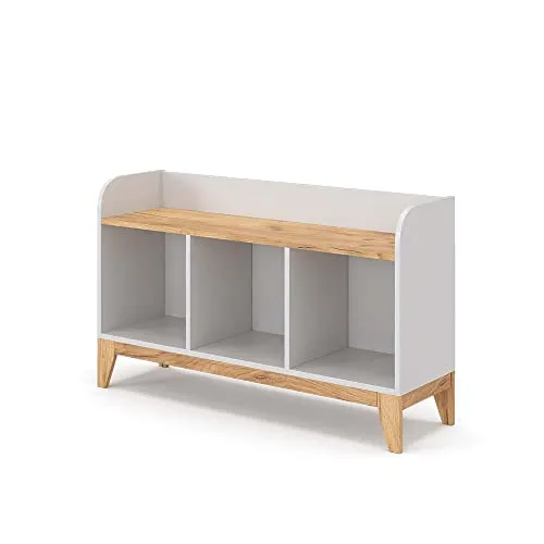 VitaliSpa® Sitzbank Malia, Weiß/Eiche - Modern und Strapazierfähig - Sitzbank in modernem Design (107,2 x 63,8 cm) aus strapazierfähiger Spanplatte, ideal für Laminatboden. Perfekt für Flur oder Wohnbereich.