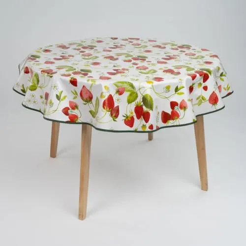 laro 140cm runde Wachstuch Tischdecke abwaschbar Wachstuchtischdecke mit Saum-Eingefasst-Paspelband, Muster:Erdbeeren Rot Weiß, Größe: Rund 140cm