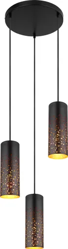 Hängeleuchte Pendellampe Schwarz Gold 3-Flammig - Moderne 3-flammige Hängeleuchte aus schwarzem Metall mit goldenen Akzenten und dekorativen Gläsern. Ideal für Wohn- und Essbereiche, individuell gestaltbar durch E27 Leuchtmittel.