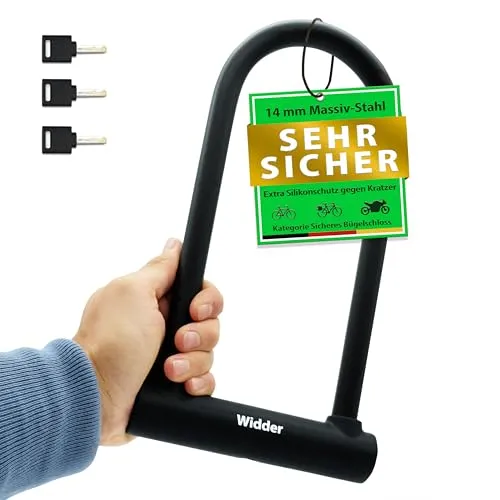 WIDDER Extrem Sicheres Fahrradschloss Bügelschloss [Chrom-Stahl Sicherheitsstufe 15] – 18mm Massiv Bügel – Fahrrad Schloss 64 cm Umfang mit Halterung & 3 Schlüssel – e Bike Lock & e Scooter U Lock