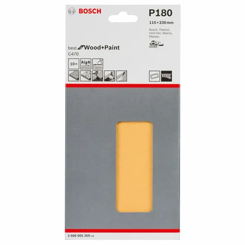 Bosch Schleifblatt C470, 115 x 230 mm, 180 Körnung, 14 Löcher, Klett, 10er-Pack