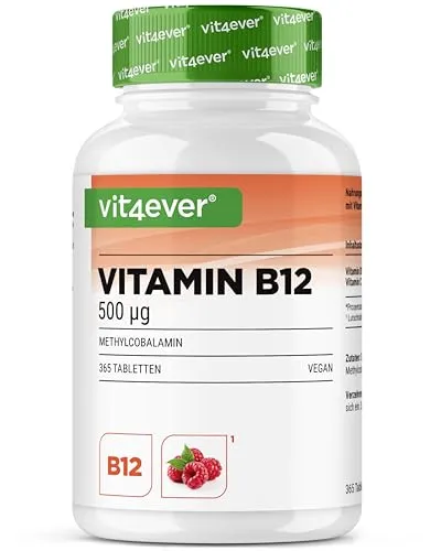 Vitamin B12 Himbeere - 365 Lutschtabletten im Jahresvorrat - Premium: 500 mcg aktives Methylcobalamin + Vitamin C - Hochdosiert - Vegan