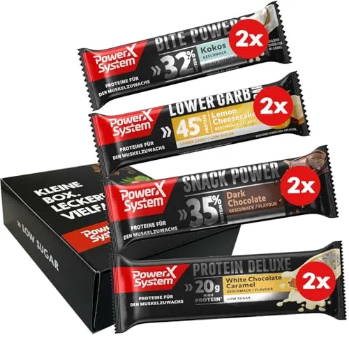 Power System Eiweißriegel Probier-Set 4 Sorten je 2x Protein Riegel Bite Power, Lower Carb, Snack Power, Protein Deluxe