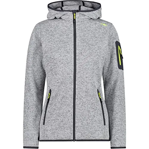 CMP Damen-Knit-Tech-Jacke mit Kapuze - Grau-Zitrone - Skijacken für Outdoor-Abenteuer, aus warmer und bequemer Stoffmischung, ideal als Jacke oder Zwischenschicht, mit praktischen Reißverschlusstaschen und elastischen Bändern.