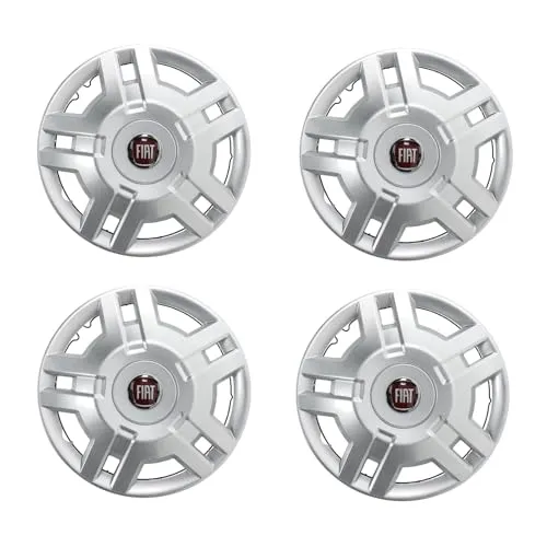 Original Fiat Radkappensatz 15 Zoll mit Rotem Emblem - Radkappen für Fiat Ducato bis 2014, passend auch für Wohnmobile. 4er Set, original italienische Qualität mit spannring-basierter Befestigung.