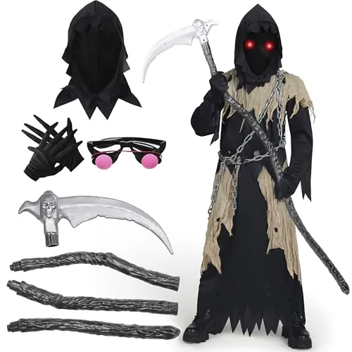 Spooktacular Creations Kinder Sensenmann Kostüm, Glühende Augen Sensenmann Kostüm für Jungen, Gruseliges Phantom Schwarzer Sensenmann Halloween Dress Up-M